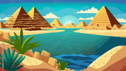 Cartoon desert with ancient Egyptian pyramids and Nile river. Vector illustration of sandy landscape with stones and green plants near blue water, sun shining brightly in sky over pharaoh tombs
