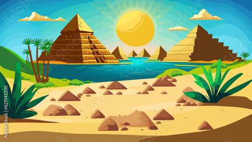Cartoon desert with ancient Egyptian pyramids and Nile river. Vector illustration of sandy landscape with stones and green plants near blue water, sun shining brightly in sky over pharaoh tombs