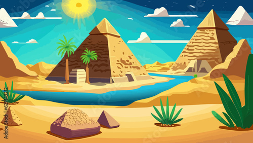 Cartoon desert with ancient Egyptian pyramids and Nile river. Vector illustration of sandy landscape with stones and green plants near blue water, sun shining brightly in sky over pharaoh tombs