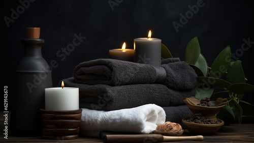 white spa towel and candles sit on a dark table