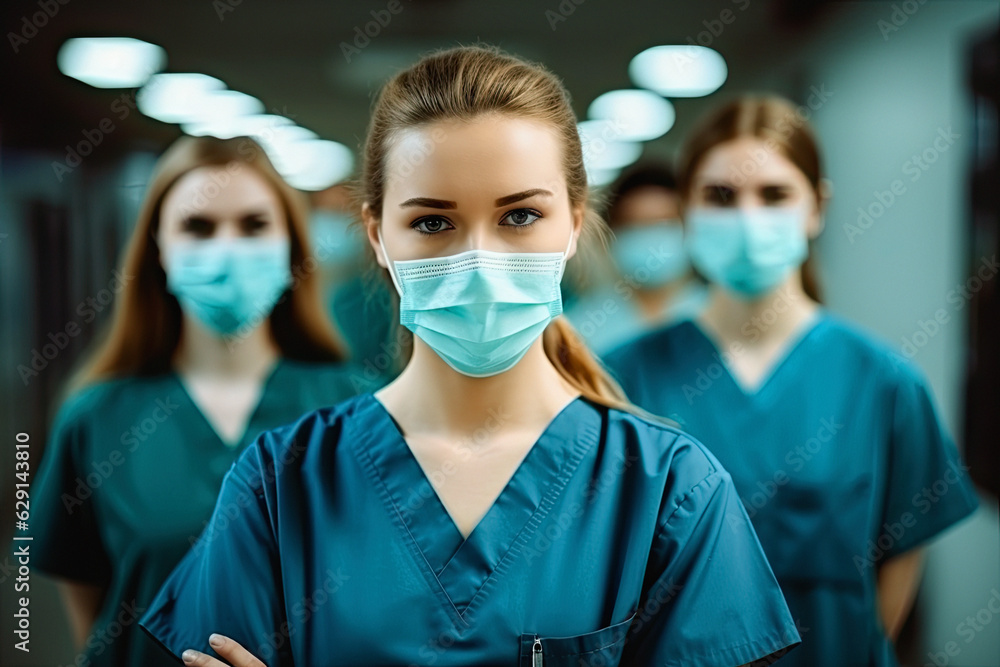 young nursing student standing with her team in hospital, dressed in scrubs, Doctor intern young nursing student standing with her team in hospital, dressed in scrubs, Doctor intern