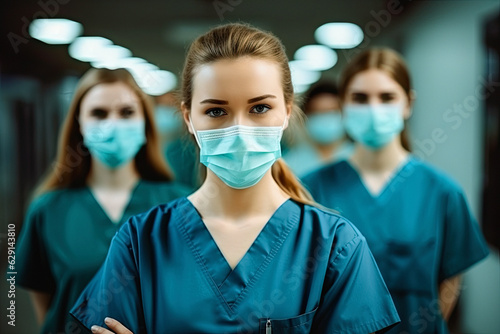 young nursing student standing with her team in hospital, dressed in scrubs, Doctor intern