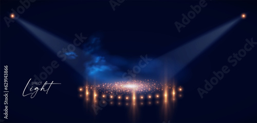 Show light with shining podium. Colorful spotlights with fay. Transparent light effect.