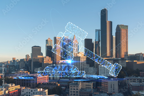 Obraz na plátne Seattle aerial skyline panorama of downtown skyscrapers at sunrise, Washington USA