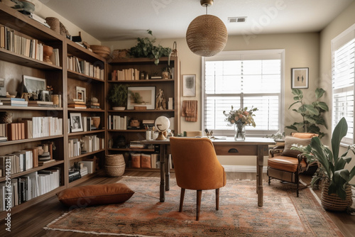 Cozy farmhouse style home office with boho neutral tones.