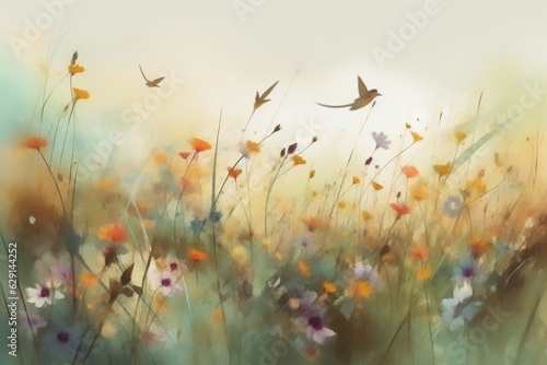 Abstract painting of a field of wildflowers with butterflies and birds flittering © erika8213