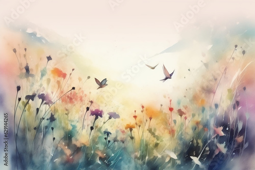 Abstract painting of a field of wildflowers with butterflies and birds flittering