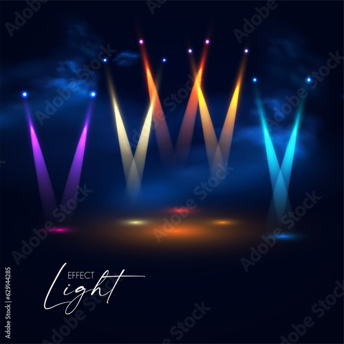 Show light. Colorful spotlights with fay. Transparent light effect.