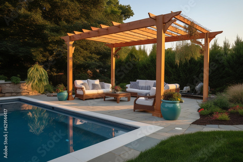 Photo of a luxurious backyard oasis with a sparkling pool and comfortable patio furniture © erika8213