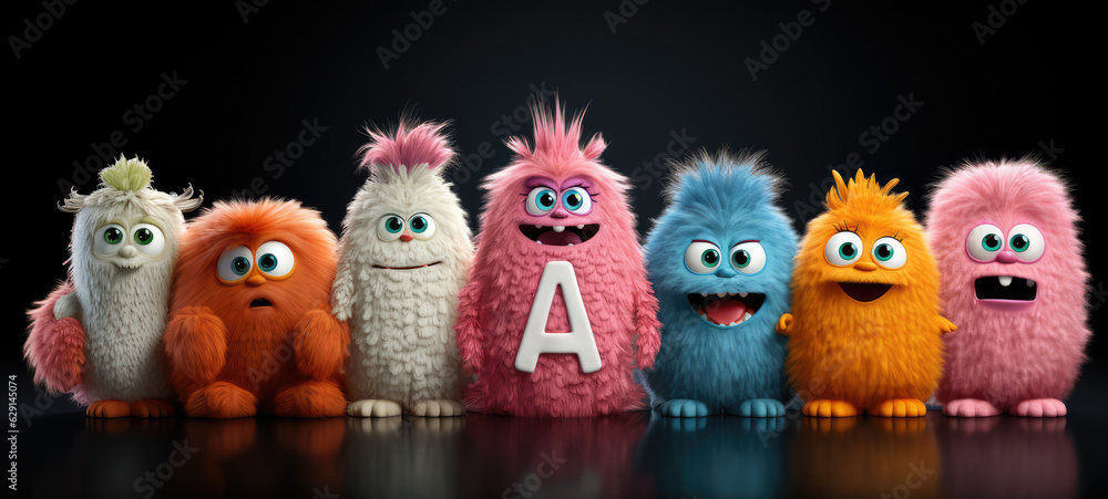 group of cute monster in a raw. created by generative AI technology. group of cute monster in a raw. created by generative AI technology.