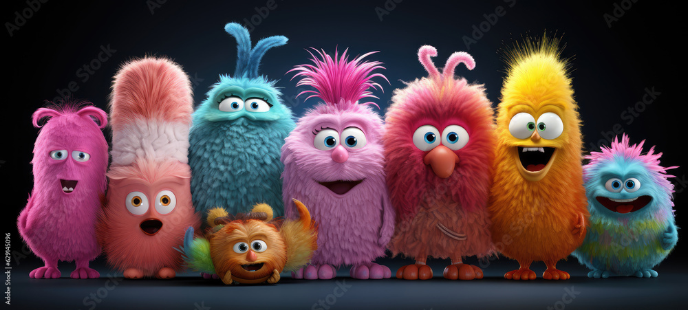 group of cute monster in a raw. created by generative AI technology.