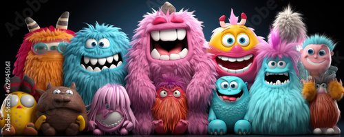 group of cute monster in a raw. created by generative AI technology.