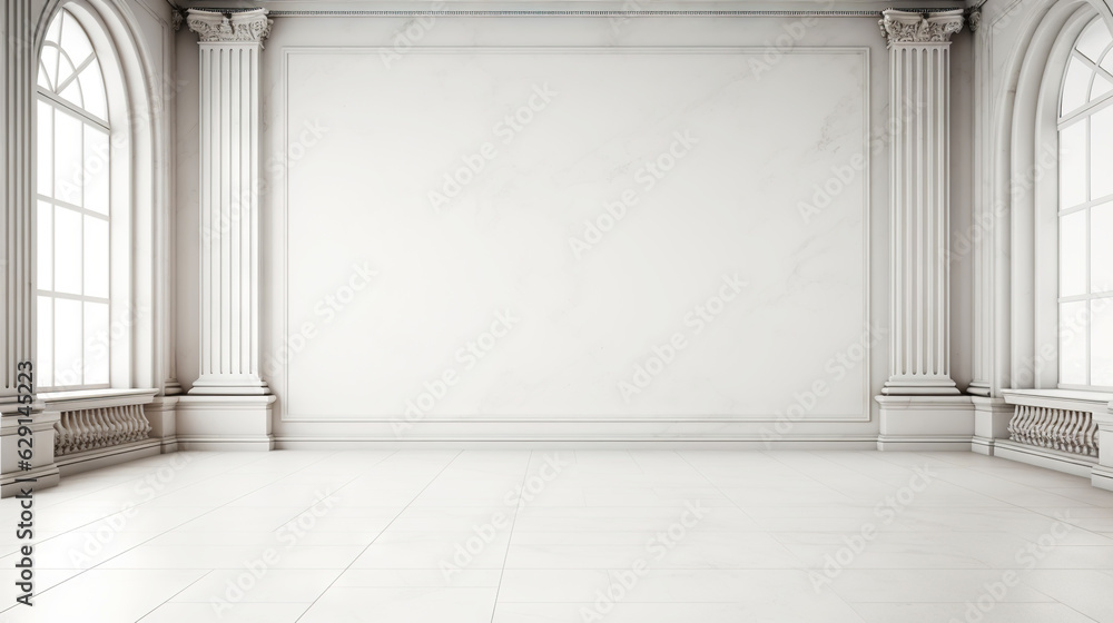 White wall empty apartment room with marble floor and walls. Copy space for product placement. Generative AI White wall empty apartment room with marble floor and walls. Copy space for product placement. Generative AI