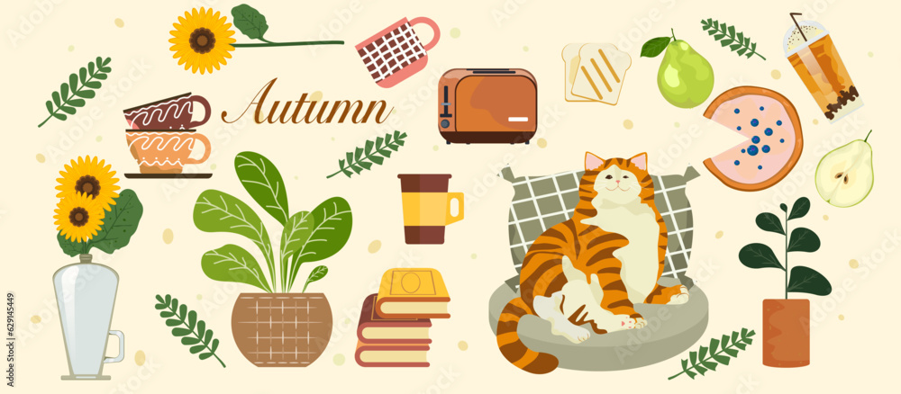 Vector illustration of a casual day with a fat orange cat sleeping in an Autumn forest, sunflowers, sweets, hot tea, and plants in pots, and leaves. Illustration for poster, card, or background. Vector illustration of a casual day with a fat orange cat sleeping in an Autumn forest, sunflowers, sweets, hot tea, and plants in pots, and leaves. Illustration for poster, card, or background.