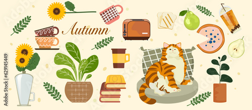 Vector illustration of a casual day with a fat orange cat sleeping in an Autumn forest, sunflowers, sweets, hot tea, and plants in pots, and leaves. Illustration for poster, card, or background. © Eero_iam