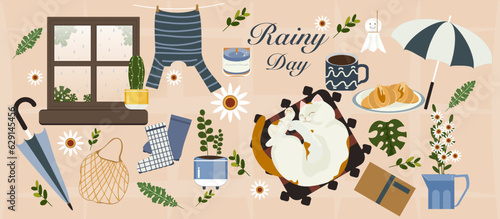 Vector illustration of a casual day with a cute cat sleeping in the house Rain through the window, croissants, hot tea, and plants in pots, leaves. Illustration for poster, card, or background.
