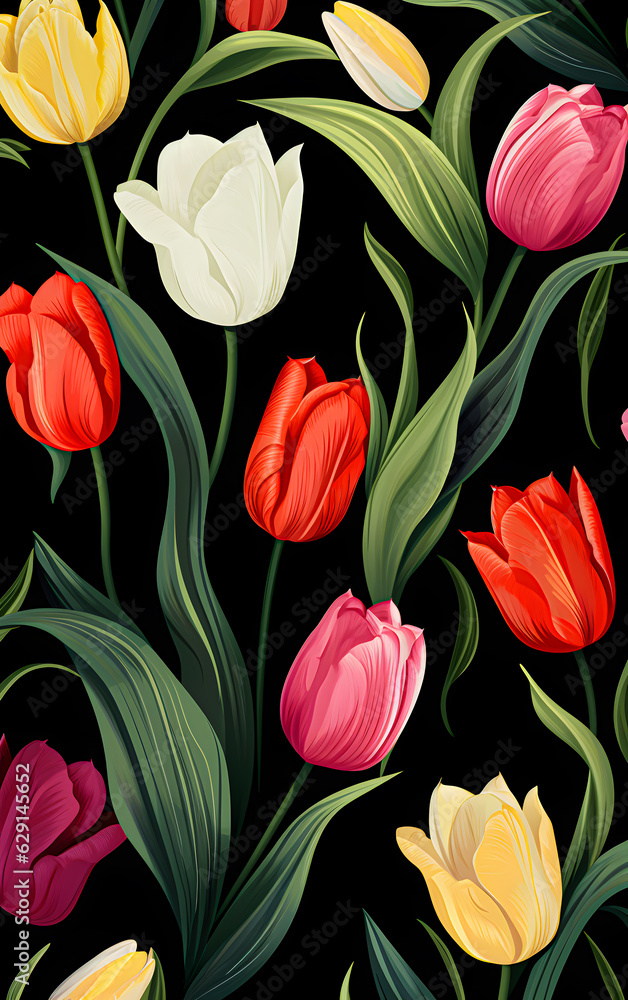 Obraz premium Seamless floral pattern with tulips on a black background. Generative AI