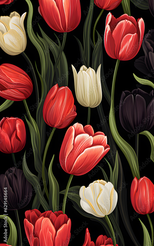 Seamless floral pattern with tulips on a black background. Generative AI Seamless floral pattern with tulips on a black background. Generative AI