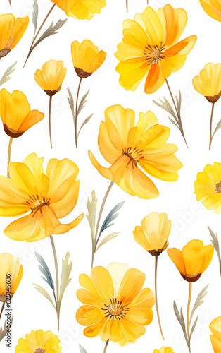 Watercolor seamless patterns with yellow flowers. Generative AI © lutsenko_k_