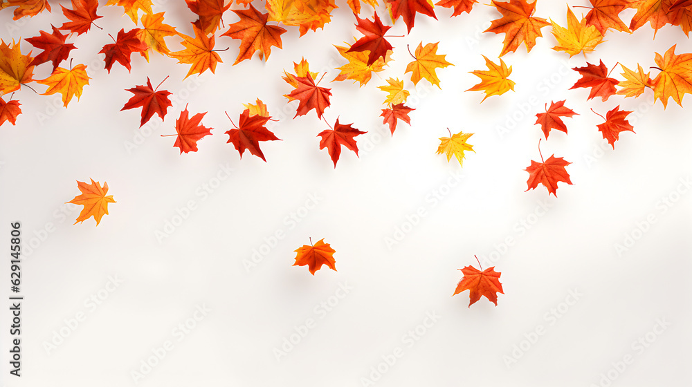 Flying fall maple leaves on fall white background. Falling leaves, seasonal banner with fall foliage. Generative AI Flying fall maple leaves on fall white background. Falling leaves, seasonal banner with fall foliage. Generative AI