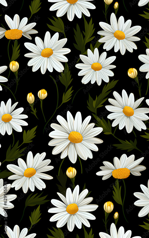 Seamless floral pattern with daisies on black background. Generative AI Seamless floral pattern with daisies on black background. Generative AI