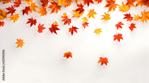 Flying fall maple leaves on fall white background. Falling leaves  seasonal banner with fall foliage. Generative AI