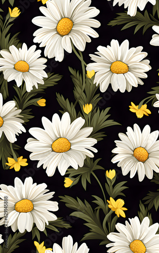 Seamless floral pattern with daisies on black background. Generative AI