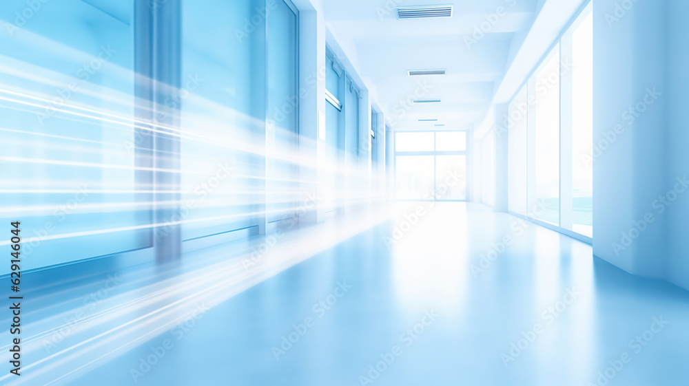 Hospital corridor in abstract blue blur background concept