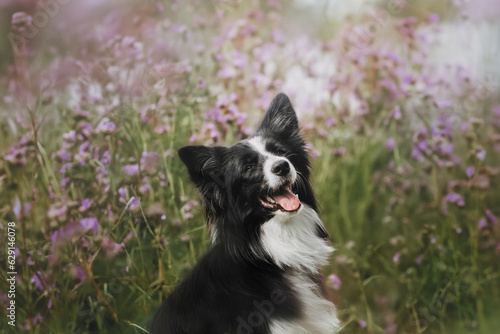 Portrait of a black and white border collie in a purple phacelia flower meadow