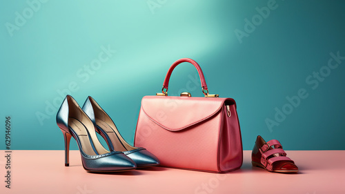 Vintage shoes and a blue bag are placed on a light pink background