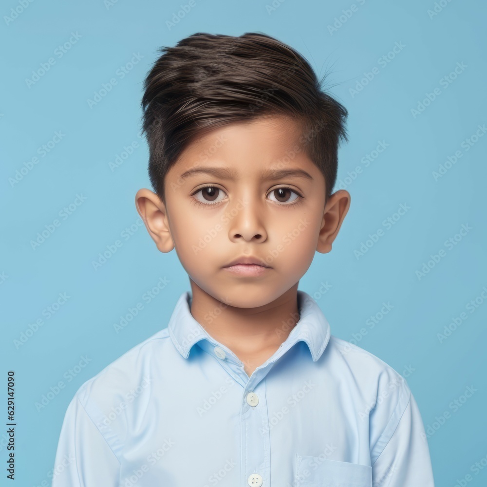 Portrait of a serious Indian little boy with short black hair. Closeup face of an unhappy Indonesian child on a blue background looking at camera. Front view of an unsmiling kid in a blue shirt. Portrait of a serious Indian little boy with short black hair. Closeup face of an unhappy Indonesian child on a blue background looking at camera. Front view of an unsmiling kid in a blue shirt.