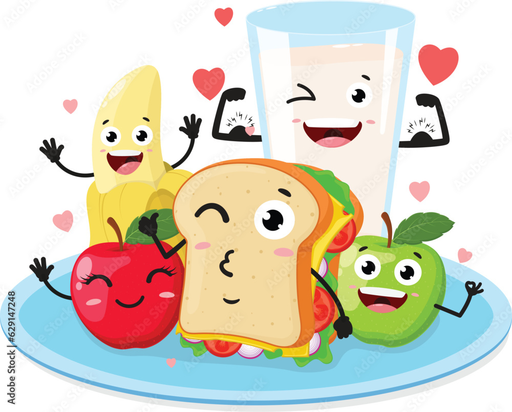 Fototapeta premium Cartoon Lunch Food, Sandwich, Milk And Fruits, set of Cute characters, Isolated on white background