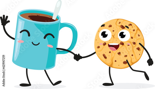 Cartoon cookie and coffee cup, set of Cute characters, Isolated on white background
