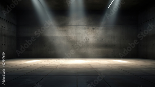 A dark room with a beam of light, concrete walls, and floor © vectorizer88