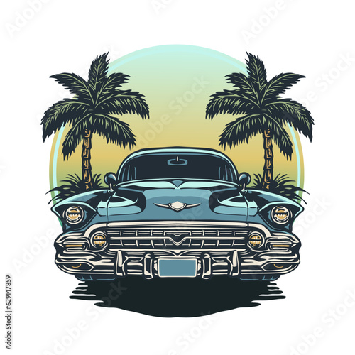 Classic retro car with palm trees and sunset on a white background
