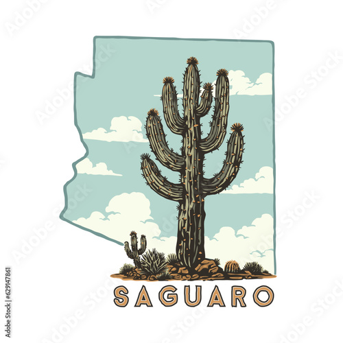 saguaro cactus with arizona state map vintage style illustration