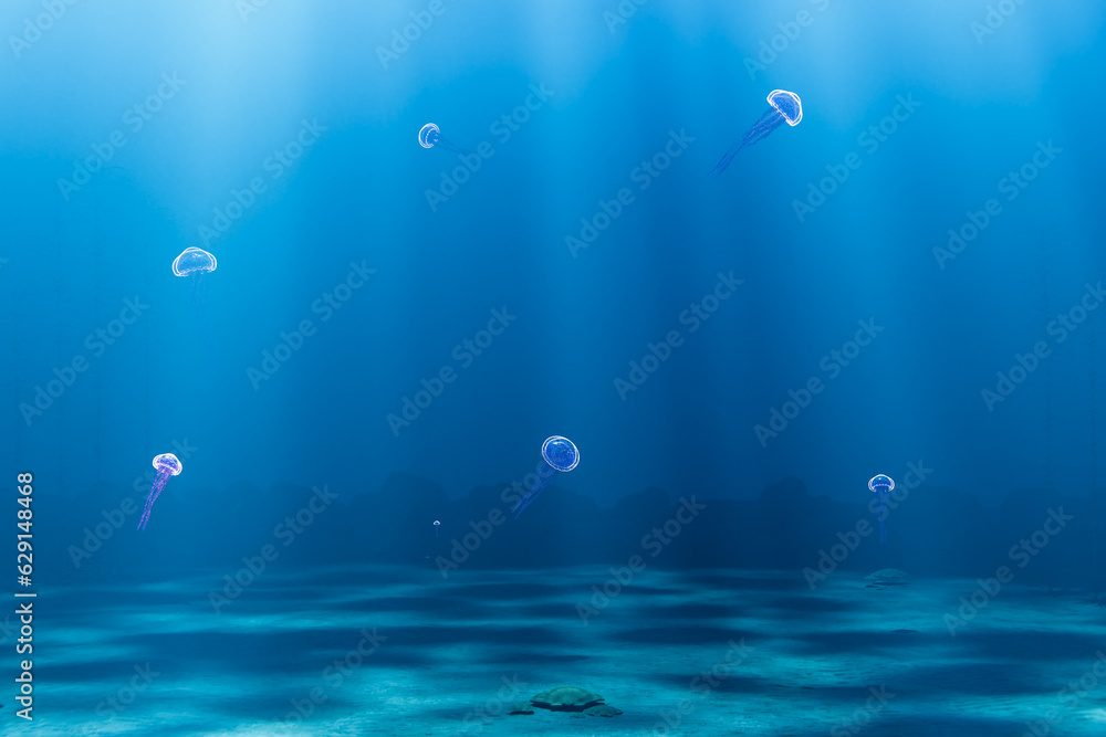 3D render illustration of jellyfish floating in ocean