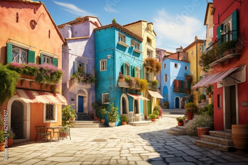 Quaint Village Square Lined with Colorful Buildings, Generative AI