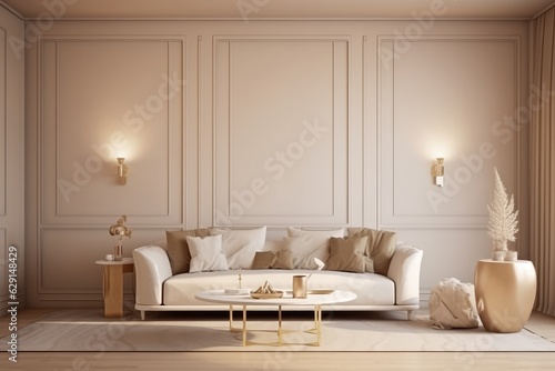 Modern living room interior  stylish light grey sofa  lots of cushion pillows  generative AI