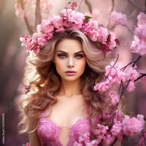 portrait of a woman with flowers pinks wallpaper