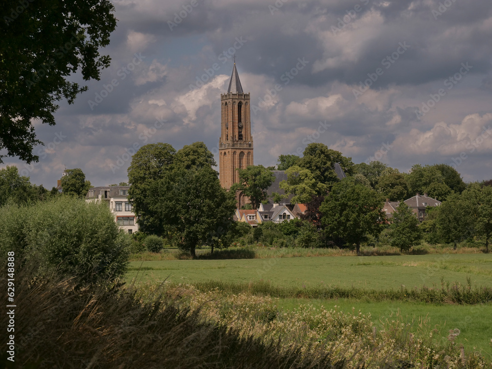 Church of Amerongen in the Netherlands with trees and meadow