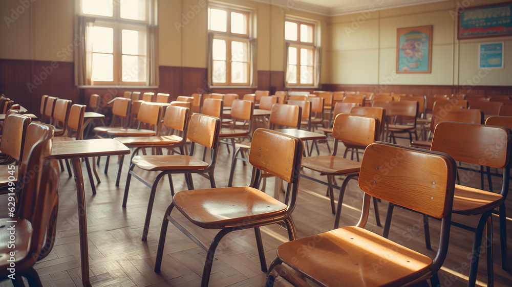 classroom appears empty, adorned with vintage wooden chairs in a warm tone