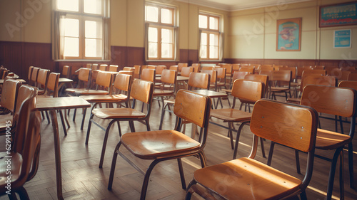 classroom appears empty  adorned with vintage wooden chairs in a warm tone