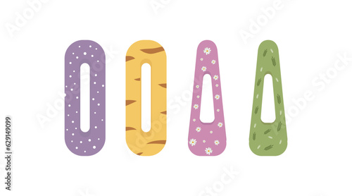 Set of flat stylish hairpins. Hair accessories in lilac, yellow, pink and green. The concept of female self-care, beauty salon, accessories store. Vector on white background eps 10.