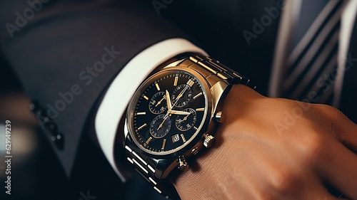businessman in a black suit checks the time on his watch