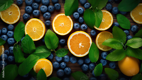 wooden board adorned with citrus fruit slices and blueberries