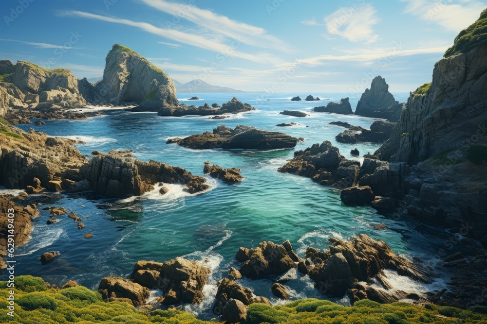 Rocky Coastline Dotted with Sea Stacks and Tide Pools, Generative AI
