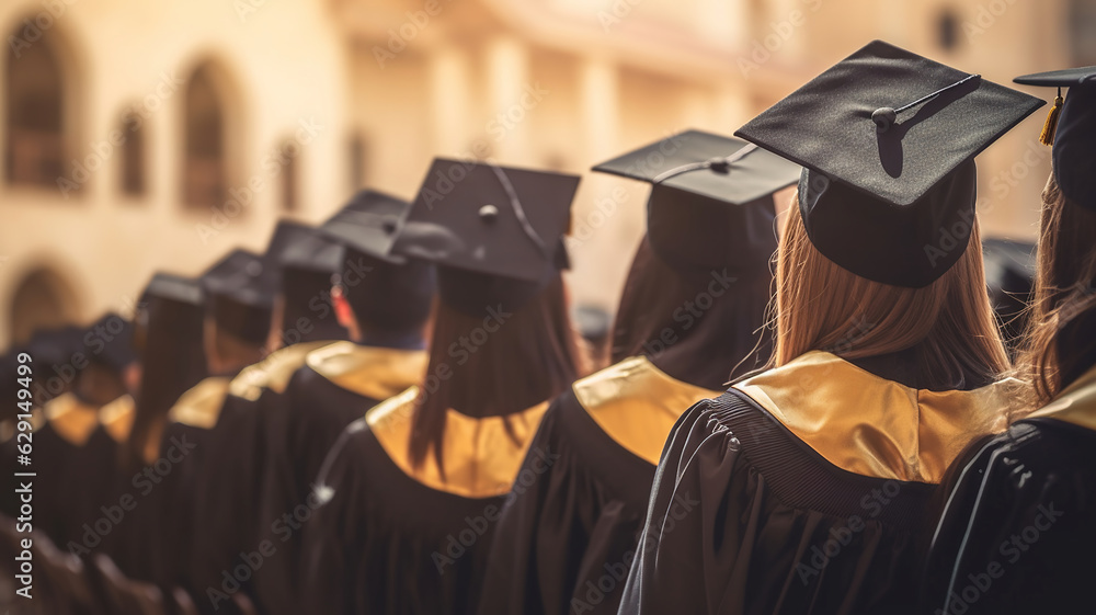 Standing amidst the crowd of graduates, a young man wears a graduation hat Standing amidst the crowd of graduates, a young man wears a graduation hat
