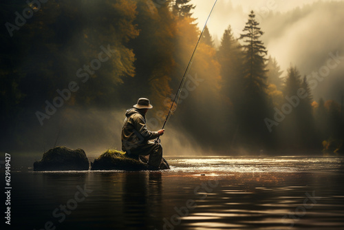 Man sitting on rock in river fishing during autumn in forest
