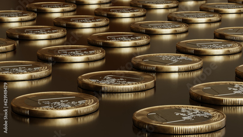 Photos Several euro coins lying on a dark surface